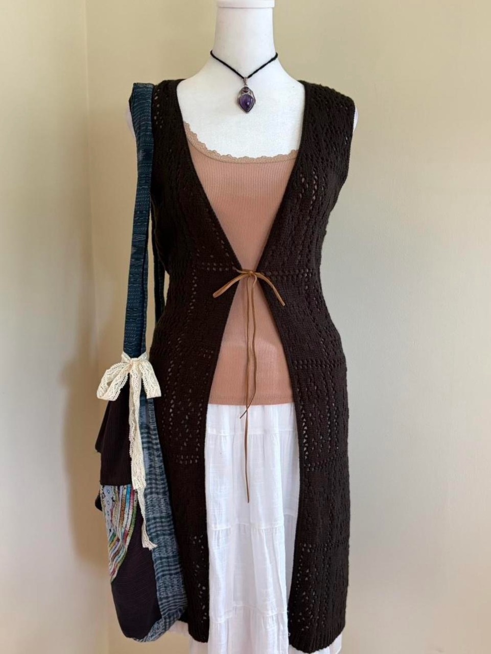 Vintage 90s Y2K boho crochet cardigan duster longline vest brown tie front S/M